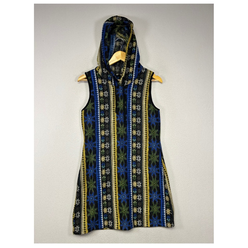 Boho Eclectic Aryeh Womens Size S Blue Green Striped Fleece Hooded Sweater Dress